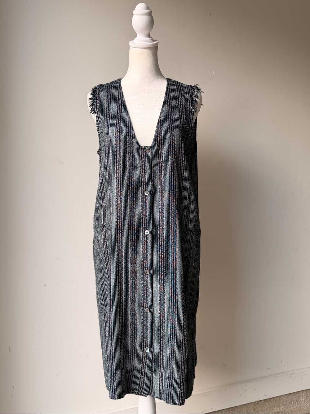 Raquel Allegra Charcoal Multistripe Button-Front Midi Dress